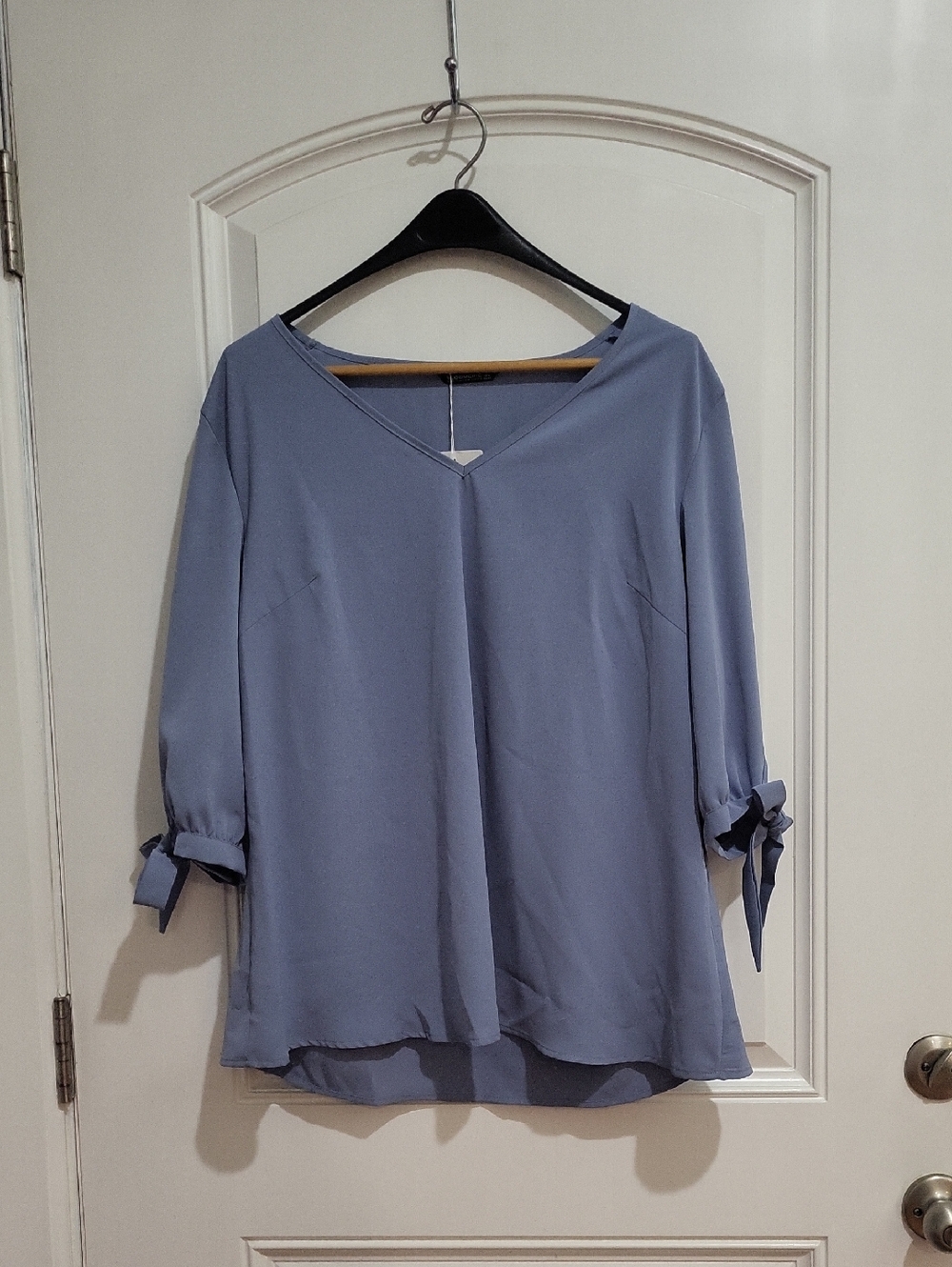 BloomChic Slate Blue V-Neck Blouse with Tie Sleeve Detail